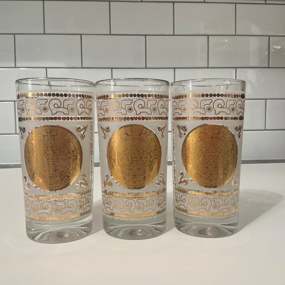 Set of 3 VTG Mid-Century Hazel Atlas Frosted Aztec Gold Medallion Highball Glass - Picture 4 of 7